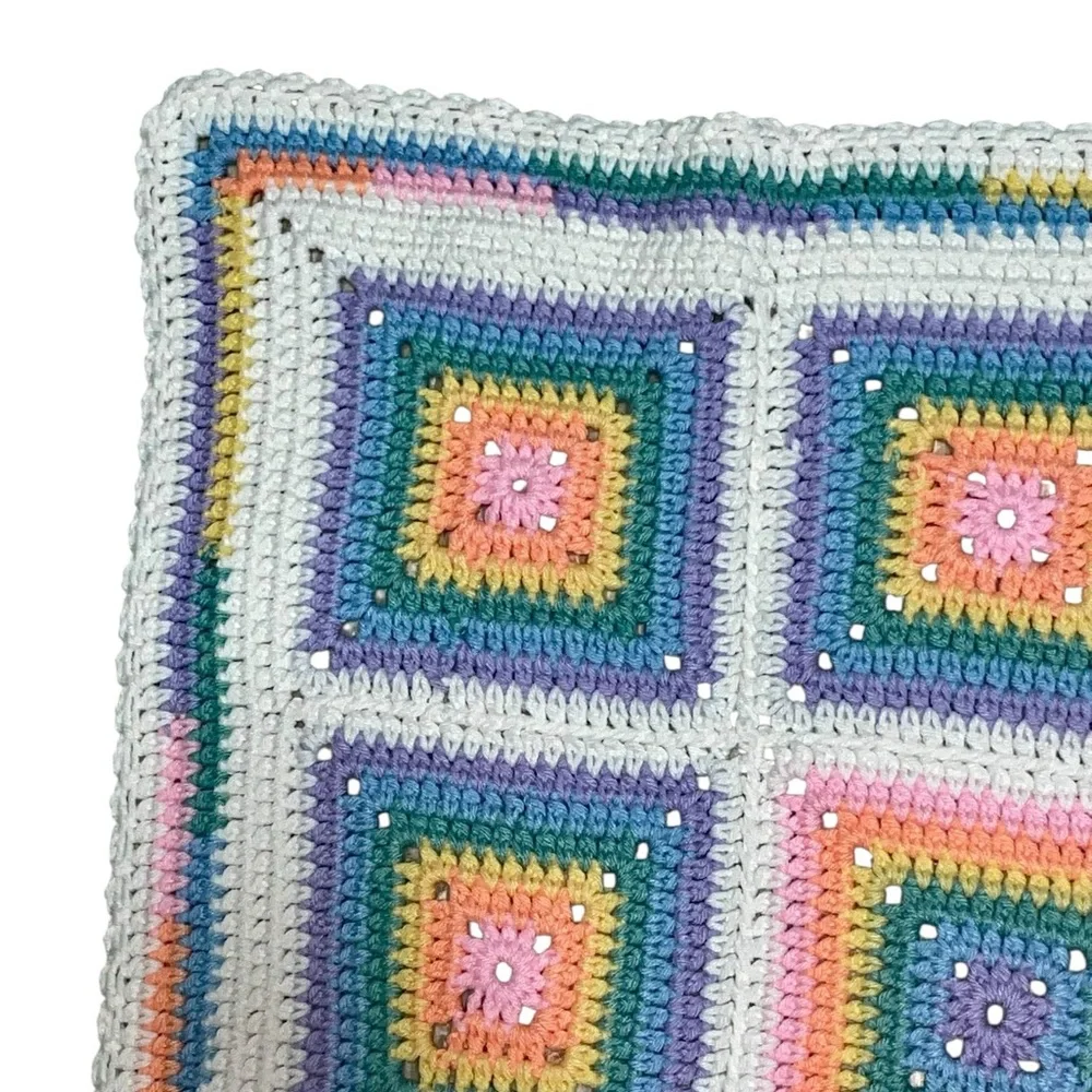 Vintage 70s  Square Granny Afghan Crochet Baby, Chair Blanket  35.5 Inches